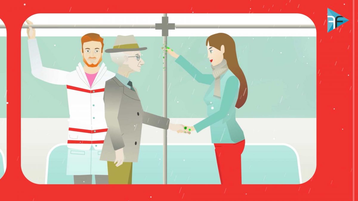 Flatdesign Charakter im Zug im Erklaervideo Grippeimpfung